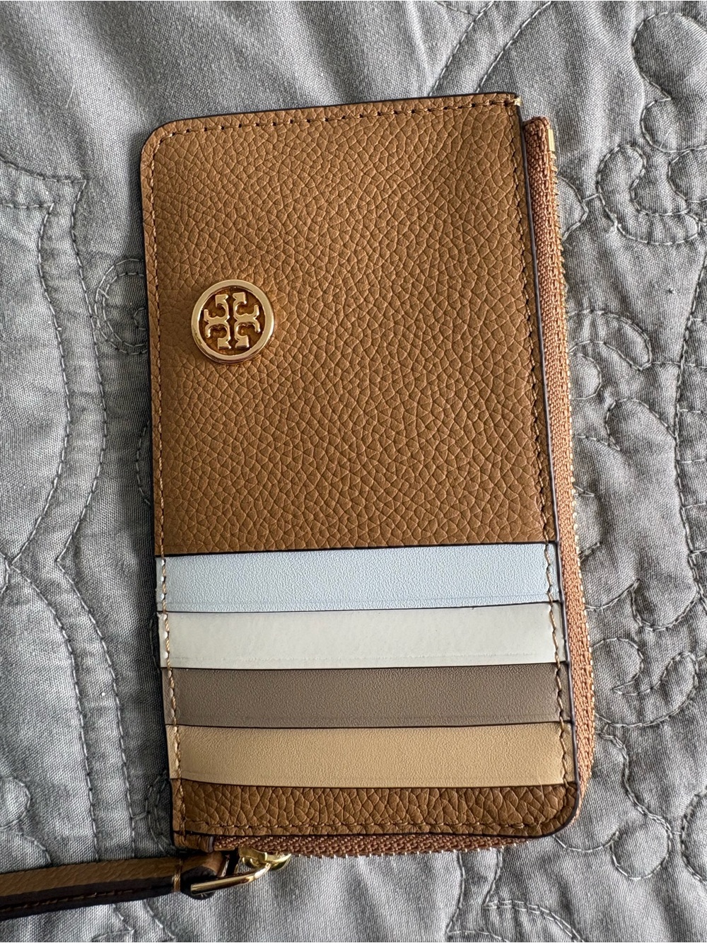 Tory Burch Multi-Stripe Tan Leather Zip Card Case with Logo